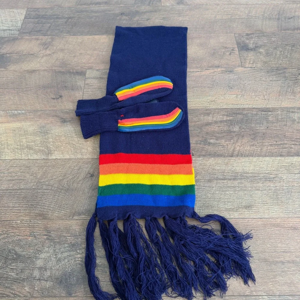 Van‎ Raalte Kids Vintage Rainbow Knit Scarf and Mittens Set Navy Blue One Size